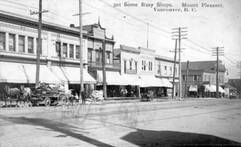 Shops along the west side of Main Street between 7th & 8th Avenues, 1908 Photo Courtesy of City of Vancouver Archives: Dist P140 Major Matthews Collection